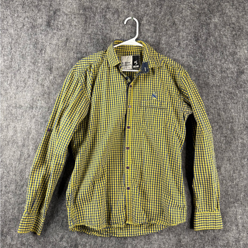 K-Stone Men’s Long Sleeve Checkered Shirt Size XL Yellow Blue Casual Button-Up